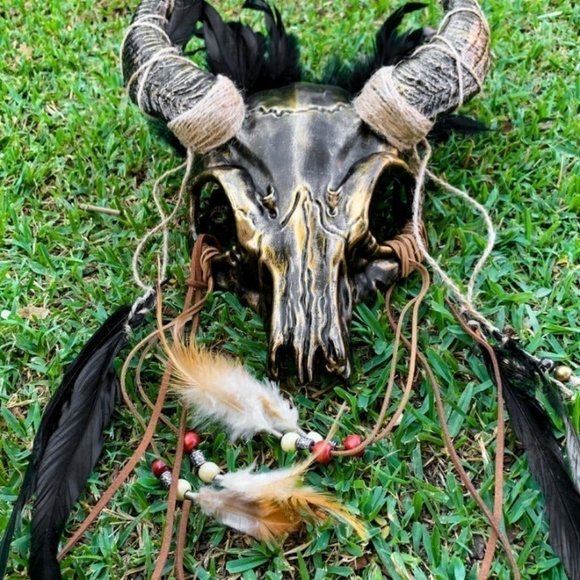 Gold Animal Skull OX Horned Feather Masquerade Halloween Cosplay Costume Mask - Picture 4 of 8